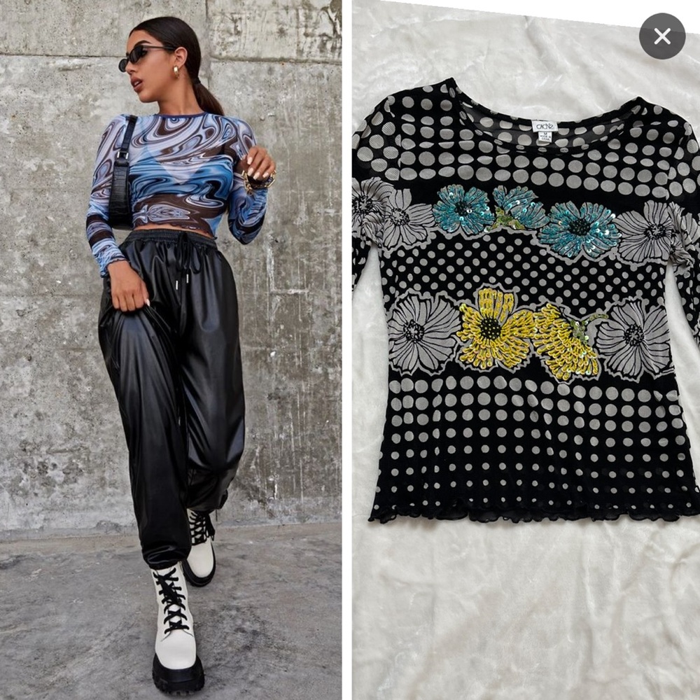Cache Y2K Mesh Sheer Floral Polka Dot Sequence Long Sleeve Top Black White